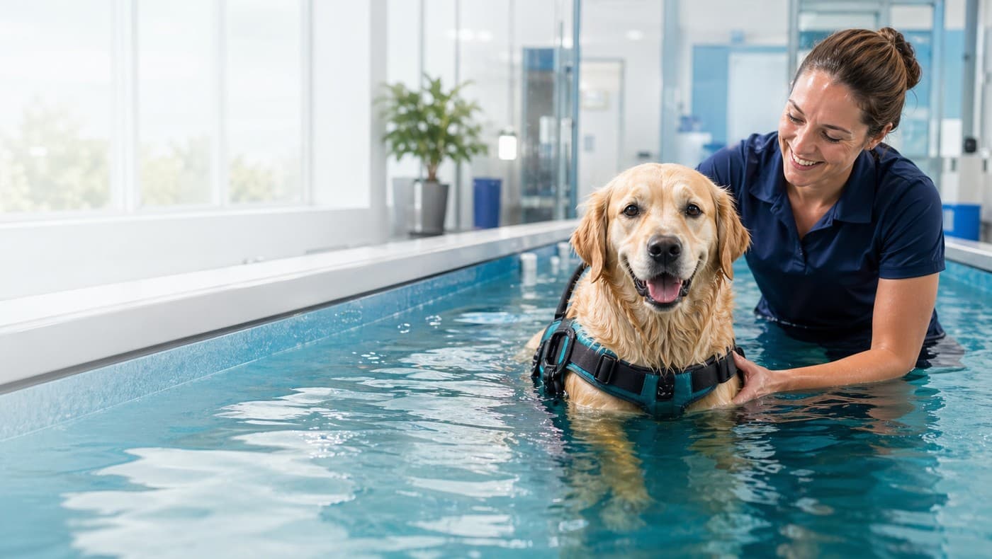 Dog hydrotherapy session with a therapist